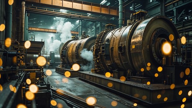 Industrial facility with large machinery operating under dramatic lighting in an urban environment photo