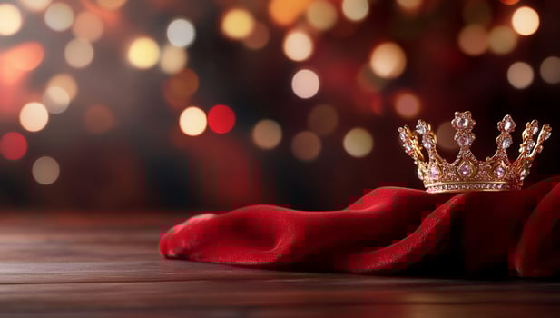 A crown resting on a red fabric with a blurred festive background. photo