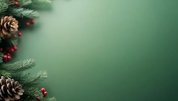 A festive arrangement of pinecones and greenery on a green background. photo
