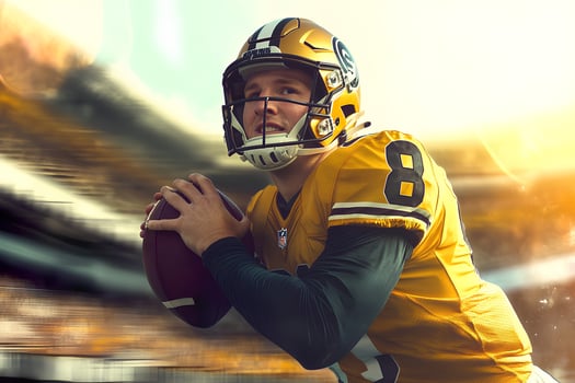 An intense action shot of an American football player wearing a helmet, holding the ball on a stadium field, ready for the game to begin photo