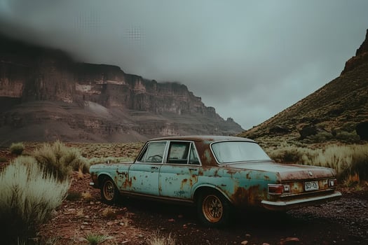 A classic vintage car parked in the vast desert landscape of Arizona, capturing the beauty and solitude of the iconic American desert photo