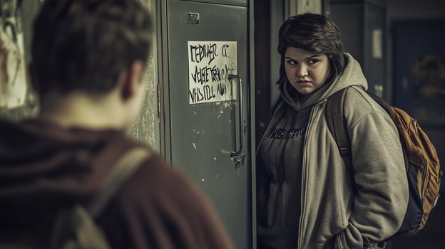 Bullying experience of a plus-size teenager in a school hallway surrounded by unkind peers during a typical school day photo