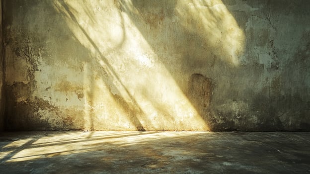 Sunlight streams through a weathered room, casting patterns on the aged walls, illuminating textures and imperfections. Atmospheric. photo