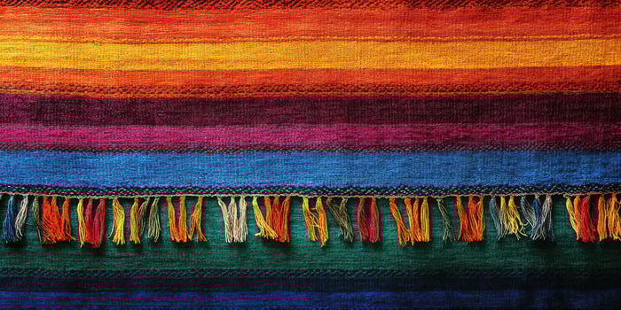 Colorful woven textile with vibrant patterns displaying rich hues and intricate fringe details in a close-up view of artistic craftsmanship photo