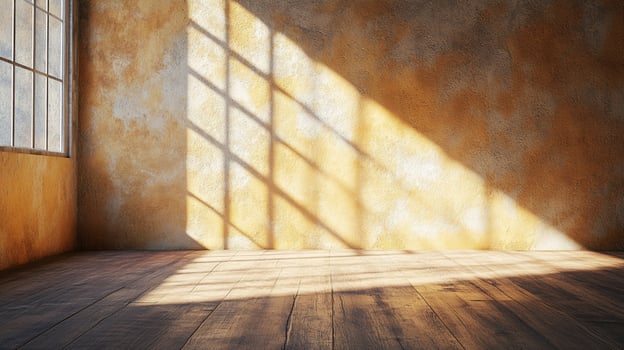 Sunlight streams through a lattice window, casting geometric shadows on the textured wall and aged wooden floor. Warm and inviting interior scene. photo