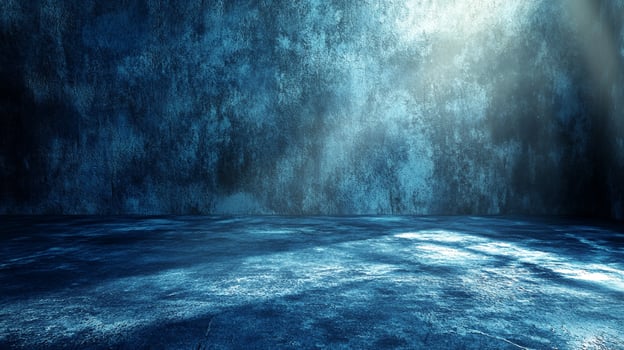 Abstract blue grunge wall and floor illuminated by a beam of light creating a stark and mysterious atmosphere. Perfect for creative projects. photo