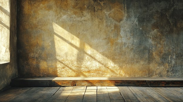 Sunlight streams into an aged room, highlighting textures on the wall and floor, creating a nostalgic and evocative interior scene. photo