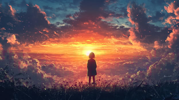 Silhouette gazing at a vivid sunset over field. Majestic clouds ablaze with warm hues frame a lone figure lost in contemplative serenity. photo
