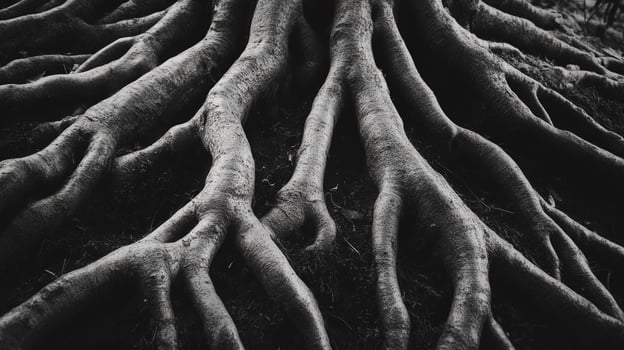 Monochrome shot of tree roots sprawling across the ground, creating a natural maze-like pattern against the dark soil. photo