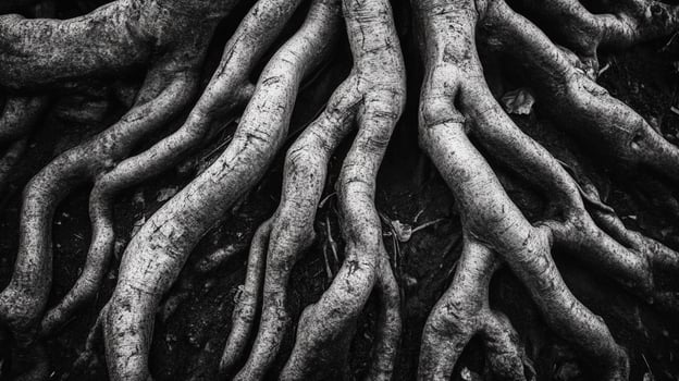 Monochrome close-up of intertwined tree roots, showing texture and depth. An abstract, organic pattern in black and white tones. photo