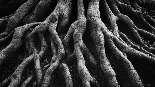 Monochrome depiction of intertwining tree roots above ground, showcasing nature's strength and patterns in a detailed composition. photo