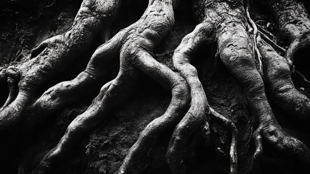 Monochromatic tree roots with textured bark, conveying depth and age in a natural setting. Powerful nature in black and white. photo