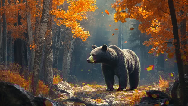 A large bear stands amidst vibrant autumn foliage. Golden leaves float in the air, creating a serene forest scene under soft lighting. photo