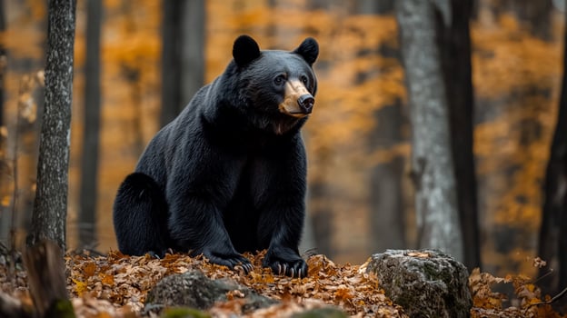 Majestic black bear resting among the fallen leaves in the autumn forest, exuding peace and natural strength in its woodland habitat. photo