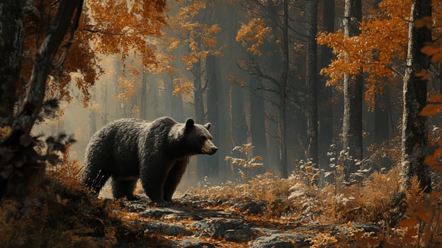 Brown bear standing on forest ground. The forest is full of beautiful brown and orange color leaves during autumn season. photo
