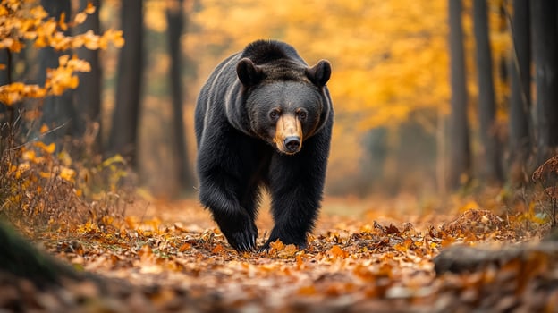 Majestic black bear walking through a forest trail covered in autumn leaves, creating a vivid and scenic wilderness scene. photo