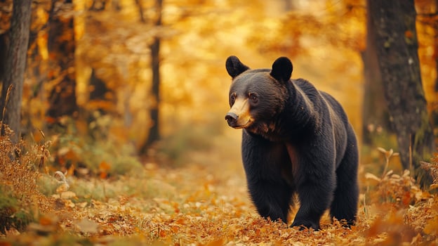 A magnificent bear pauses on a trail through the autumn woods, sunlight dappling the fallen leaves. Wildlife encounters nature's beauty. photo