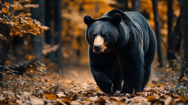 Powerful black bear in autumn woodland, its dark fur contrasting with the colorful leaves on the forest floor. photo