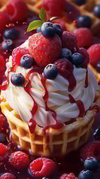 Delicious dessert featuring whipped cream, berries, and syrup drizzled over a waffle cup served in a vibrant setting photo