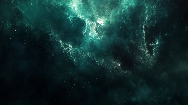 A mesmerizing cosmic expanse unveils ethereal nebulous clouds, where swirling hues of emerald and luminous highlights dance amid the darkness photo