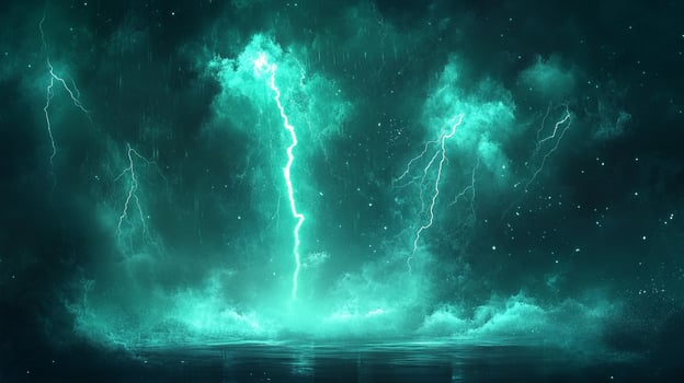 Electric storm over dark water with teal lightning, dramatic sky, rain, and clouds. Atmospheric energy, power and a natural weather event. photo