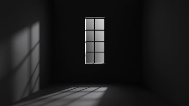 Minimalist composition of a window illuminating a dark, empty room with geometric shadows and contrasting shades of black and gray. photo