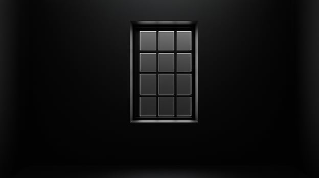A minimalist composition featuring a single, dark window centered on a black wall, highlighting light, shape, and architectural darkness. photo