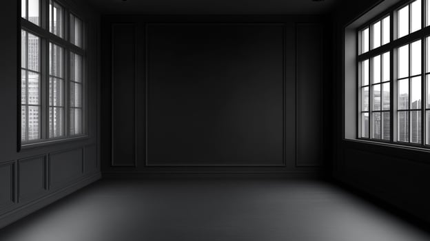 Monochromatic, spacious interior with dark walls, wooden floor, and windows offerering a glimpse of the urban landscape. photo