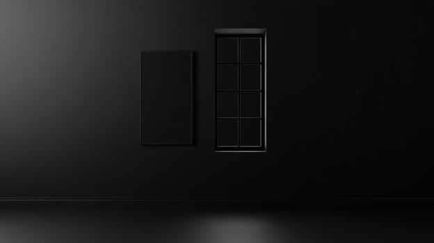 Monochromatic modern room design featuring a sleek picture frame and a geometric eight-paned window, exuding minimalist elegance and dark aesthetic. photo
