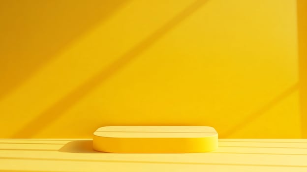 Minimalist yellow display platform casting shadows in studio. Warm and inviting background for showcasing products in a simple presentation. photo