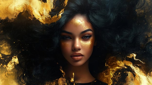 Radiant beauty with golden touches. A portrait of elegance, mystery, and allure. Captivating eyes and golden highlights. photo