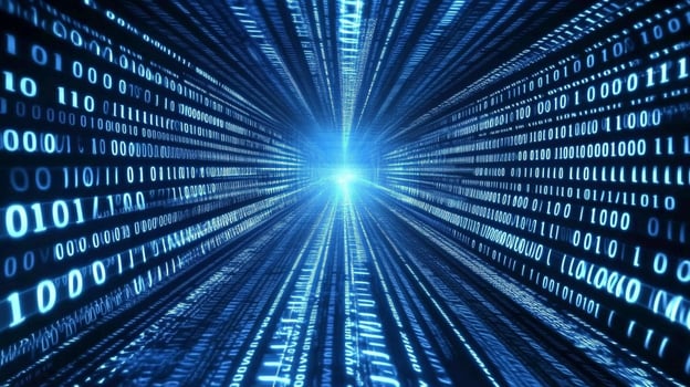 Binary code streams towards a point of light, symbolizing data transmission, digital networks, and advanced technological concepts. photo
