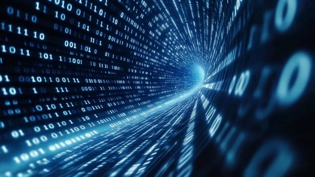 Abstract tunnel of digital data streams, illuminated in blue, representing information flow, connectivity, and the vastness of cyberspace. photo