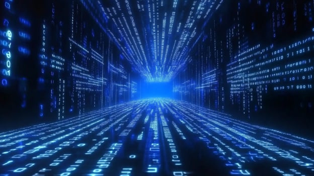 Futuristic digital tunnel with blue binary code streaming, representing data flow and advanced technology. Immersive tech background. photo
