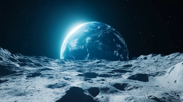Earthrise view from a barren moon surface, highlighting the contrast between the lunar landscape and the bright planet in the distance. photo
