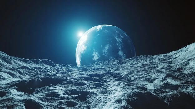 Ethereal cosmic view of a planet rising over a barren, textured lunar surface, bathed in a soft, celestial glow. Space exploration theme. photo