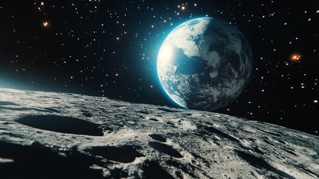 An exoplanet glows brightly in the dark sky as seen from the surface of its moon, highlighting the vastness of space. Awe inspiring. photo