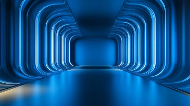 An abstract design featuring rows of glowing blue arches creates a sense of depth and movement within a modern, futuristic tunnel or space. photo