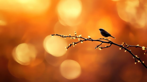 Bird perched on a branch with glowing bokeh background during sunset, creating a serene atmosphere in nature photo