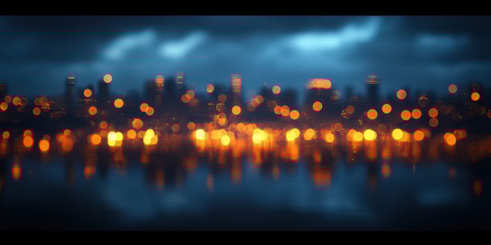 Night skyline lights reflect on water with blurred cityscape and dramatic cloud formations in the background photo