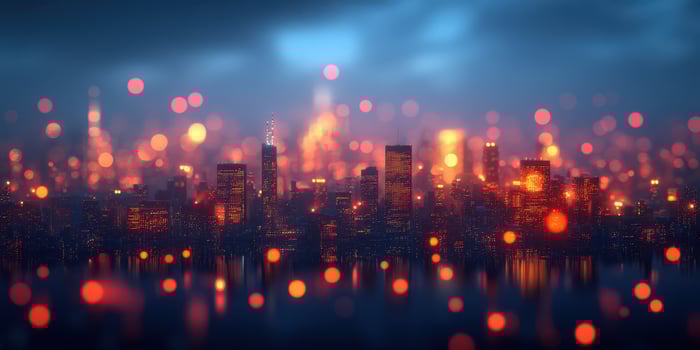 Vibrant city skyline illuminated by colorful lights at night reflecting on the water during a clear evening photo