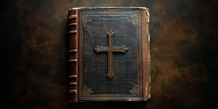 Beautifully crafted leather-bound book featuring an embossed cross on the cover resting on a dark textured surface photo
