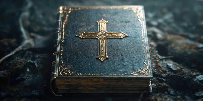 Decorative leather-bound book with a cross resting on a textured surface photo