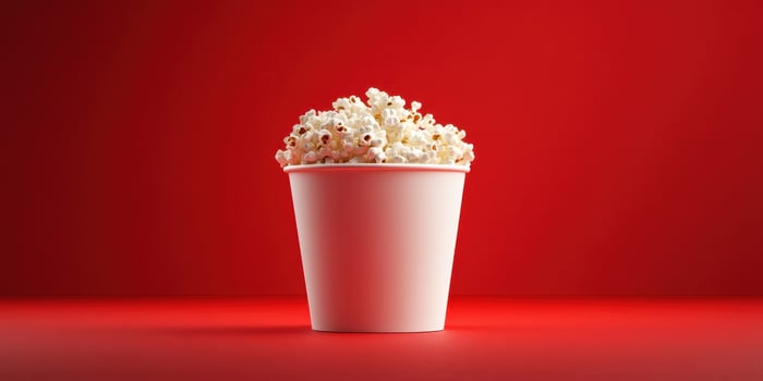 Freshly popped popcorn in a white cup against a vibrant red background photo