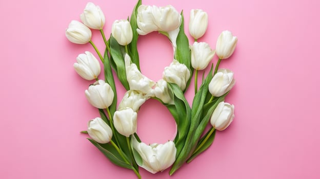 A beautiful decorative arrangement featuring delicate white tulips gracefully shaped into the number eight against a soft pink background photo