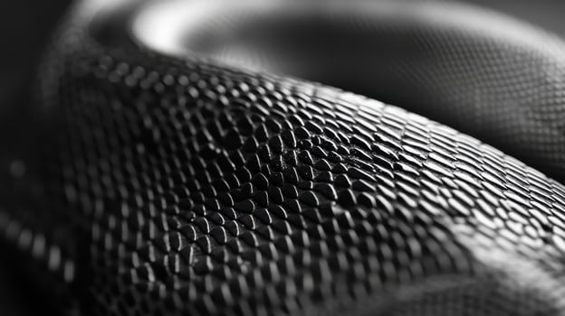 This close-up image of a textured black snake skin emphasizes the stunningly intricate patterns of its scales, beautifully illuminated by natural light photo