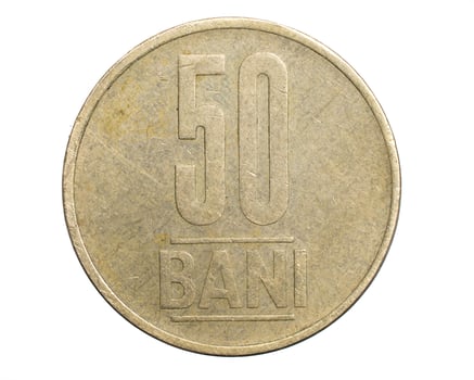 Romania fifty bani coin isolated on white background. photo