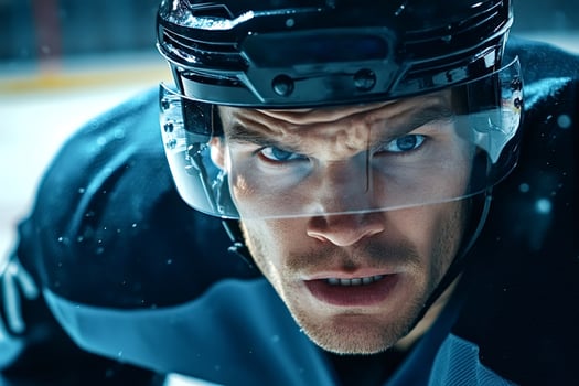 Ice hockey player wearing helmet and grimacing on ice rink photo