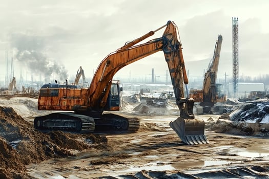 Excavators working on industrial site near refinery plant photo