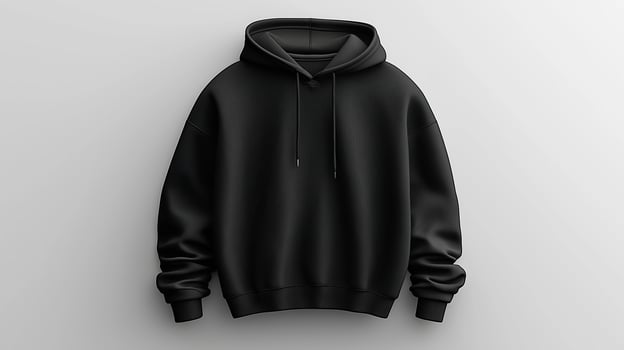 A stylish black hoodie mockup is centered against a plain white backdrop photo